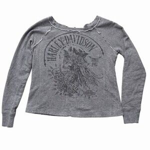 Harley-Davidson Cropped Distressed Sweatshirt Grey Lace-Up Skull Graphic Y2K